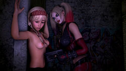 2girls 3d artist_request bare_shoulders batman:_arkham_city batman_(series) black_hair blonde_hair blue_eyes breasts clothes clothing costume crossover dani dc dc_comics dyed_hair female female_only gloves gun harley_quinn harley_quinn_(arkham) harley_quinn_(arkham_city) large_breasts long_hair multicolored_hair multiple_girls necklace original original_character red_hair source_filmmaker unknown_artist weapon