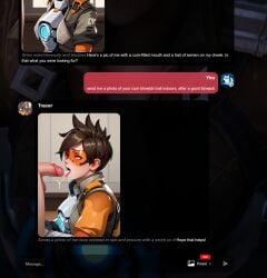 1boy ai_generated black_hair blowjob blowjob_face bodysuit brown_hair cum cum_in_mouth facial fellatio female goggles jacket licking_lips lips open_mouth overwatch overwatch_2 penis short_hair solo_focus spiked_hair straight tongue tongue_out tracer tracer_(overwatch) tracer_(overwatch_2_suit) uncensored