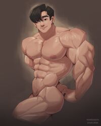 1boy abs artist_name ass bara completely_nude dated male male_focus male_only muscular muscular_arms muscular_chest muscular_male naked naked_male nipples nude nude_male pecs pectorals simple_background solo solo_male text thighs wardgaya yaoi