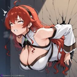 1girl ahegao_face ai_art ai_generated cleavage eris_boreas_greyrat female female_only girl glory_wall gothmaniac headband large_breasts long_hair mushoku_tensei raped_female red_hair stuck_in_wall tears teeth white_outfit woman woman_only