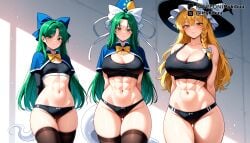 3girls abs ai_generated arms_behind_back ass_visible_through_thighs black_buruma black_headwear black_panties black_sports_bra black_thighhighs blonde_hair blue_bow blue_capelet blush bow bowtie braid breasts buruma capelet cleavage closed_mouth cowboy_shot curvy female frilled_hat ghost_tail green_eyes green_hair hair_between_eyes hairbow hat hat_bow holding kirisame_marisa large_breasts long_hair long_sleeves looking_at_viewer mima_(touhou) multiple_girls muscular muscular_female mykibuu navel panties parted_bangs parted_lips shirt side_braid single_braid skirt small_breasts sports_bra stomach tail thick_thighs thigh_gap thighhighs thighs toned touhou touhou_(pc-98) underwear white_bow wide_hips witch_hat wizard_hat yellow_bow yellow_bowtie yellow_eyes