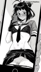 ai_generated antenna_hair blush bra breasts brown_eyes cellphone cellphone_photo cleft_of_venus closed_mouth clothes_lift double_bun female gloves greyscale groin hair_bun holding holding_phone kou1 looking_at_phone medium_breasts monochrome mykibuu naka_(kancolle) naka_kai_ni_(kancolle) navel neckerchief necktie necktie_between_breasts nose_blush panties panty_pull phone pleated_skirt pubic_tattoo pussy pussy_juice sailor_collar school_uniform selfie serafuku shirt_lift short_sleeves skirt skirt_lift smartphone solo_focus stomach sweat taking_picture tattoo uncensored underwear