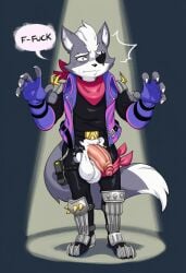 2025 absurd_res ai_generated anthro balls bodily_fluids bottomwear canid canine canis clothed clothing dialogue english_text erection eye_patch footwear fur genitals gloves grey_body grey_fur handwear hellsonger hi_res humanoid_genitalia humanoid_penis male mammal nintendo penis solo speech_bubble star_fox sweat text topwear torn_clothing wolf wolf_o'donnell