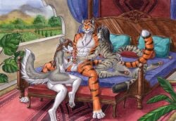 4_toes 5_fingers abs anal anal_sex animal_genitalia animal_penis anthro anthro_on_anthro ass athletic athletic_anthro athletic_male balls bed black_hair breasts buttplug buttplug_in_ass buttplug_insertion canid canine canis domestic_cat feet felid feline feline_genitalia feline_penis felis female fingers fur furniture genitals grey_body grey_fur group group_sex hair hindpaw humanoid_hands interspecies kneeling kneeling_on_bed lakmia_(rhazzazor) licking male male/female mammal mrrrn multicolored_body multicolored_fur navel nipples nude nude_anthro nude_female nude_male object_in_ass on_bed oral orange_body orange_fur pantherine pawpads paws penetration penile penile_spines penis penis_lick plug_(sex_toy) plug_insertion pussy rakshan_(rhazzazor) red_hair sex sex_toy sex_toy_in_ass sex_toy_insertion sitting sitting_on_bed spread_legs spreading striped_body striped_fur stripes tail tan_body tan_fur threesome tiger toes tongue trio two_tone_body two_tone_fur vulva white_body white_fur wolf