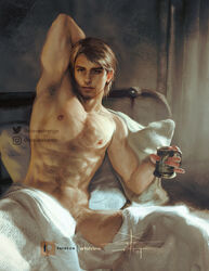 1boy abs attack_on_titan bare_arms bare_chest bare_shoulders barely_visible_pubic_hair bed bed_sheet bedroom body_hair brown_hair human human_only jean_kirstein male male_focus male_only mug nude_underneath sensual shingeki_no_kyojin solo solo_focus solo_male suggestive under_blanket watermark xtevestrange