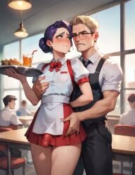 1femboy ai_generated ashamed bulge bulge_through_clothing femboy femboy_focus flat_chest flat_chested grope grope_from_behind groping groping_breasts groping_through_clothes hair_bun light_skin light_skinned_femboy limp sexy shy small_breasts small_penis tiny_penis violet_hair waitress waitress_outfit