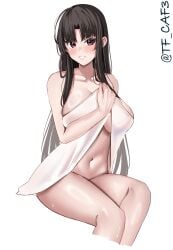 1girls absurdres ahoge black_hair blush breasts brown_eyes cropped_legs female hair_between_eyes highres kantai_collection large_breasts long_hair looking_at_viewer naked_towel one-hour_drawing_challenge shouhou_(kantai_collection) simple_background sitting smile solo sweat tf_cafe towel twitter_username very_long_hair white_background