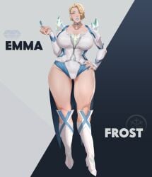 1girls emma_frost female huge_breasts marvel revealing_clothes soraoraora standing text