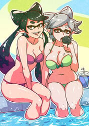 2girls akairiot beauty_mark bikini black_hair breasts brown_eyes callie_(splatoon) cephalopod cleavage clothing cousins curvy earrings fangs female game_controller grey_hair ice_cream inkling large_breasts licking marie_(splatoon) mask medium_breasts mole navel nintendo open_mouth pale_skin partially_submerged pointy_ears pool short_hair sitting smile splatoon squid_sisters squid_sisters_(splatoon) straight_hair swimwear tied_hair tongue tongue_out twintails