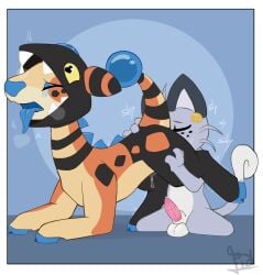 alolan_form alolan_meowth animal_genitalia balls berri_(cheriappo) blush bodily_fluids coin cunnilingus dice_(flowerbud) duo farigiraf feline_genitalia feral flowerbud generation_7_pokemon generation_9_pokemon genital_fluids genitals heart_eyes heart_symbol hi_res hooves hybrid_pokemon looking_pleasured male male/male nintendo onomatopoeia oral penile_spines penis pokemon pokemon_(species) precum raised_leg regional_form_(pokemon) sex sound_effects teeth text tongue tongue_out vaginal_fluids vaginal_penetration