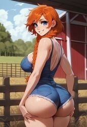 ai_generated big_ass big_breasts blue_eyes braid braided_hair breasts country_girl denim denim_clothing farm farmgirl female freckles freckles_on_face light-skinned_female long_hair melony_(xandr) orange_hair red_hair thick_ass thick_thighs twin_braids xandr