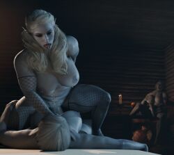 1girls 2futas 2futas1girl 3d big_breasts blender_eevee choking cowgirl_position drow erevos female_penetrated fishnet_armwear fishnet_legwear fishnets futa_penetrating futa_penetrating_female grabbing_another's_thighs grabbing_own_ass masturbating_while_watching masturbation muscular_female muscular_futa original_character playing_with_own_breasts pubic_hair self_upload sitting the_clients_(nyl2) vynadissa_(erevos) white_hair white_pubic_hair work_in_progress