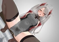 absurdres ahoge azur_lane breasts brown_thighhighs commentary_request covered_navel dress female gradient_background grey_background grey_dress grey_hair hakkaman119 highres large_breasts large_variant_set long_hair multicolored_hair open_mouth prinz_eugen_(azur_lane) pussy_juice sideboob solo squatting streaked_hair thick_thighs thighhighs thighs tongue two_side_up variant_set
