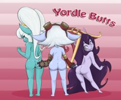 3girls ass ass_grab bandlebro blue_skin blush english_text female frown group hand_on_ass league_of_legends lulu_the_fae_sorceress multiple_girls poppy pussy riot_games shortstack smile text tristana white_hair yordle