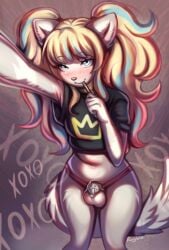 anthro balls blue_eyes blush blush_lines bodily_fluids bottomless chastity_cage chastity_device chastity_key chastity_strap clothed clothing desperation digital_media_(artwork) embarrassed felid feline femboy feminine flat_chastity_cage fluffy fur genital_fluids genitals grey_body grey_fur gynomorph hair hi_res intersex leaking_precum long_hair looking_at_viewer male mammal masturbation multicolored_body multicolored_fur patrician_(rogbiejoke) precum presenting prince rogbiejoke royalty selfie sex_toy shirt silver_chasty_cage solo t-shirt topwear toying_self twintails