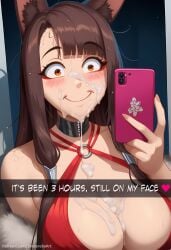 aftermath ai_generated akagi_(azur_lane) azur_lane bathroom busty commission cum dress fox_girl huge_breasts mirror patreon patreon_url patreon_username phone red_dress sinderellaart snapchat text thick used voluptuous