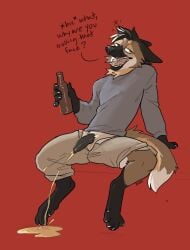 alcohol anthro beer beverage bodily_fluids canid canine drunk genital_fluids hi_res karidas_(rexroyale) krakencalamari looking_at_viewer male mammal maned_wolf peeing peeing_on_floor solo substance_intoxication urinating urinating_male urination urine watersports