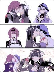 4girls black_gloves black_hair black_jacket black_swan_(honkai:_star_rail) breasts cleavage closed_eyes closed_mouth collared_shirt d0600059994959 elite_throuple_kiss_(meme) eyewear_on_head falling_petals female gloves hand_on_another's_face highres honkai:_star_rail honkai_(series) hysilens_(honkai:_star_rail) jacket kafka_(honkai:_star_rail) kissing large_breasts lesbian_kiss long_hair looking_at_viewer meme multiple_girls petals polyamory ponytail purple_eyes purple_gloves purple_hair ruan_mei_(honkai:_star_rail) shirt smile sunglasses third_wheel veil watching white_shirt yuri