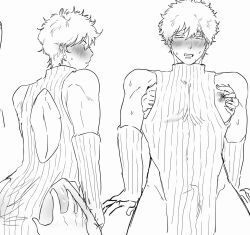 1boy alternate_costume ass ass_grab big_pecs blush crossdressing detached_sleeves embarrassed gintama gintoki_sakata male male_only monochrome oiiiioioioiio pecs pelvic_curtain sketch solo_focus sweat sweater sweater_dress