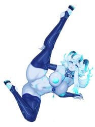 animal_ears anus barbariank blue_eyes blue_fire blue_nipples blue_skin blue_thighhighs breasts bridal_gauntlets chest_tattoo cleft_of_venus colored_nipples colored_skin commentary elbow_gloves english_commentary eyes_visible_through_hair female fiery_hair fire full_body gloves hand_on_own_leg highres hooves horns huge_breasts leg_up looking_at_viewer low_ponytail lying monster_girl multiple_horns navel nipples nude o-ring on_side original pinky_out ponytail pubic_tattoo puffy_nipples pussy simple_background solo stirrup_legwear tattoo thighhighs toeless_legwear white_background white_hair