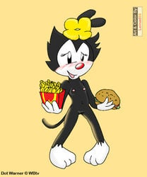 animaniacs black_fur blush burger clothing dot_warner fast_food female flower food fries fur gloves hair_flower leinad56 mammal nude parody plant pussy simple_background smile solo standing text warner_brothers