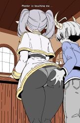 1boy 1girls anon ass ass_focus ass_grab demon demon_boy demon_horns english english_text female frieren frieren_beyond_journey's_end from_behind grabbing_another's_ass grope grope_from_behind groping groping_ass indoors male master panties panties_under_pantyhose pantyhose size_difference small_dom_big_sub sousou_no_frieren stealth_ass_grab straight tagme tavern text thighs unepicroachy wip