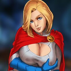 1girls blonde_hair blue_eyes breasts cape cleavage costume dc dc_comics earth_2 earth_two emblem female female_only gloves grabbing human human_only kara_zor-l karen_starr large_breasts light-skinned_female light_skin nesoun power_girl short_hair solo swimsuit