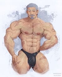 1boy abs artist_name bara bulge dated facial_hair gunhee_go male male_focus male_only muscular muscular_arms muscular_chest muscular_male nipples pecs pectorals simple_background solo solo_leveling solo_male text thighs thong wardgaya
