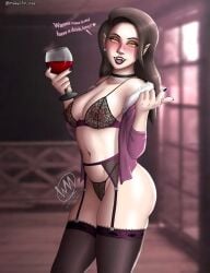 big_breasts black_hair black_panties blush breasts breasts choker curvy curvy_figure drunk elena_(theworldmaker14) fangs female_focus garter_belt garter_straps hips large_ass large_breasts lingerie lipstick long_hair looking_at_viewer oc original_character pale-skinned_female pale_skin pointy_ears seductive seductive_gaze seductive_look theworldmaker14 thicc thighs tights transparent_clothing vampire vampire_girl wine wine_glass yellow_eyes