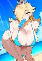 1girls ai_generated ass big_breasts bikini blonde_hair blue_eyes breasts female female_focus hair_over_one_eye hips huge_ass huge_breasts ice_cream juuicyai large_breasts leaning_forward light-skinned_female mario_(series) mature_female milf navel popsicle princess_rosalina thick_thighs thighs wide_hips