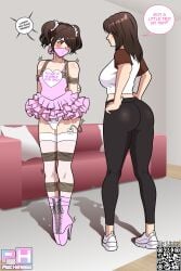1boy 1girls arms_behind_back ballet_boots ballet_heels bondage bound bound_ankles bound_arms box_tie brother brother_and_sister brown_hair bulge crossdressing crossdressing_male dubious_consent english_text female femboy femdom gag gagged gagged_speech high_heels male panties panty_bulge pink_clothing pink_horizons png punishment questionable_consent rope sister speech_bubble standing text tight_clothing very_high_heels vibrator vibrator_controller vibrator_cord vibrator_in_thighhighs