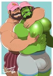 abs balls_under_clothes bara bare_thighs beard big_bulge bucket_hat cock dominant_male ear_piercing farmer_dez gay green_skin half-orc human human_male human_on_orc large_pectorals male male/male male_dominating_male male_focus male_nipples male_only moustache muscular muscular_male nipples oc orc orc_male pec_grab pec_squeeze penis penis_pressed_against_ass penis_under_clothes pink_cap rancher_grunh submissive_male takezamurai tan_skin thick_arms thick_ass thick_thighs yaoi