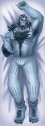 arms_behind_head arms_up bara blush body_pillow bushy_eyebrows curly_hair date_everything freddy_yeti hairy hairy_armpits hairy_chest hairy_feet hairy_male long_hair monster offering offering_to_viewer smile smile_at_viewer yeti