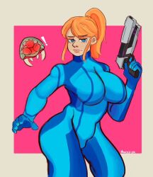 big_ass big_breasts blonde_hair curvy curvy_figure gun hangedc_(artist) metroid samus_aran thick_thighs voluptuous voluptuous_female zero_suit_samus
