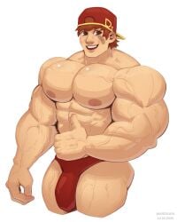 1boy abs artist_name backwards_baseball_cap bandaid_on_face bara bulge dated hair male male_focus male_only muscular muscular_arms muscular_chest muscular_male nipples pecs pectorals simple_background solo solo_male text thighs wardgaya