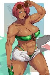 1girls athletic athletic_female big_breasts big_breasts blue_eyes blue_eyes_female breasts breasts dark-skinned_female dark_skin giovanna_(guilty_gear) green_bikini guilty_gear looking_at_viewer muscular muscular_female red_hair red_haur redhead_female shorts toned toned_female video_game_character