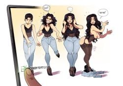 ... ass black_hair breasts cleavage curly_hair denim glasses grin jeans long_hair multiple_girls pants short_hair smile