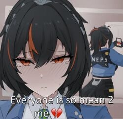 ass ass_focus bathroom broken_heart cellphone clothed english_text everyone_is_so_mean_2_me everyone_is_so_mean_to_me female frown holding_object holding_phone hoyoverse looking_at_viewer meme meme_reference mihoyo mirror mirror_selfie new_eridu_public_security no_nude pants phone police_uniform policewoman ponytail sad selfie solo solo_female tears zenless_zone_zero zhu_yuan