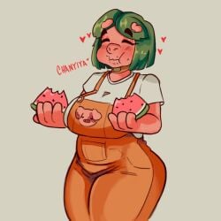 big_ass big_breasts curvy_figure eating eating_food eating_fruit eating_watermelon female food fruit green_hair green_hair_female hangedc_(artist) holding holding_food holding_fruit holding_object holding_watermelon oc overalls pig pig_ears pink-skinned_female pink_skin porcine thick_thighs watermelon watermelon_slice