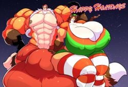 1boy 1girls anthro balls breasts bulge christmas cleavage dogfox female huge_balls huge_breasts huge_bulge jaeh jaehthebird male midriff muscular original sitting_on_balls sitting_on_bulge starry_sky stockings thick_thighs wide_hips