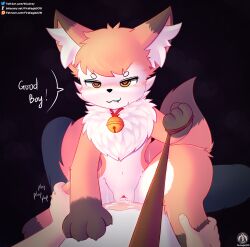 absurd_res anthro bell bell_collar blush bodily_fluids canid canine claws collar cowgirl_position cum cum_on_belly cum_on_body dominant dominant_female duo fangs female fox from_front_position genital_fluids genitals heart_eyes heart_symbol hi_res human humanoid_genitalia humanoid_penis leash leash_pull male male/female mammal nia_(senz) on_bottom on_top penetration penis pussy senz sex simple_background speech_bubble tail teeth text thrusting vaginal_penetration vulva