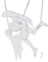 angel angel_wings arms_behind_back ass backsack blush bodysuit bulge chained chains clenched_teeth feathered_wings full_body gintama gintoki_sakata male male_only monochrome muscular muscular_male qi_mio restrained stirrup_legwear suspension