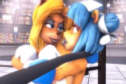 2girls animated big_breasts bikini boxing crash_(series) isabella_bandicoot kissing lesbian_kiss megumi_bandicoot