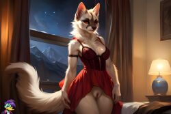 ai_generated anthro bedroom feline feline female fluffy_tail furry lingerie pussy red_lingerie rxmurloc34 vagina white_fur white_hair yiff