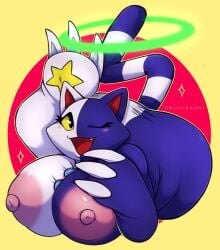 1girls 2023 3_toes anthro areolae bandai_namco big_breasts blue_body blush cat_ears clawed_fingers felid feline female female_only hi_res huge_breasts klonoa_(series) large_areolae looking_at_viewer nipples oerba_yun_fang open_mouth puffy_nipples smiling smiling_at_viewer solo tail tat_(klonoa) two_tone_body unluckyoni white_body wink winking_at_viewer yellow_eyes