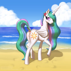 2015 absurd_res alicorn anatomically_correct anatomically_correct_pussy animal_genitalia anus ass beach caelacanthe cloud cutie_mark dock equine equine_pussy female feral flower friendship_is_magic hair hi_res horn long_hair looking_at_viewer mammal multicolored_hair my_little_pony outside plant princess_celestia_(mlp) pussy raised_leg seaside smile solo water wings