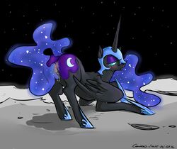 alicorn ass ass_up black_fur blue_hair clothing dark_persona equine female footwear friendship_is_magic furry furry_only glo-in-the-dark hair half-closed_eyes headgear helmet horn horse looking_back mammal moon my_little_pony nightmare_moon_(mlp) non-anthro outer_space pony princess_luna_(mlp) pussy shoes solo wings