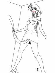 ahe_gao all_the_way_through bangs bare_shoulders blush breasts clothing collarbone dress female gape hair high_heels intorsus_volo line_art long monochrome open-back_dress open_mouth rolling_eyes saliva tears tentacle tentacle_rape thighs