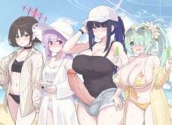 1futa 3girls aqua_hair arius_squad_(blue_archive) atsuko_(blue_archive) atsuko_(swimsuit)_(blue_archive) bangs baseball_cap bikini black_bikini black_camisole black_choker black_hair blue_archive blue_eyes blue_hair blue_shorts blue_sky blush breasts brown_eyes brown_hair camera camisole choker cleavage clothed clothing coat day denim denim_shorts erection eyewear_on_head female floral_print food futanari hair_over_one_eye halo hands_up hat highres hiyori_(blue_archive) hiyori_(swimsuit)_(blue_archive) holding holding_camera holding_food holding_popsicle huge_breasts huge_cock human jacket jewelry korean_text light-skinned_female light-skinned_futanari light_skin long_hair long_sleeves minishell misaki_(blue_archive) misaki_(swimsuit)_(blue_archive) mostly_clothed multiple_girls navel necklace open_clothes open_coat open_mouth outdoors penis ponytail popsicle purple_hair purple_halo red_eyes red_halo saori_(blue_archive) saori_(swimsuit)_(blue_archive) short_hair shorts side_ponytail sidelocks sky standing sun_hat sunglasses swimsuit throbbing_penis translation_request uncensored veins veiny_penis white_bikini white_coat white_hat yellow_bikini yellow_jacket