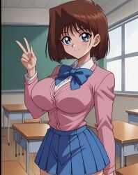 ai_generated anzu_mazaki athletic_female blue_eyes bowtie breasts brown_hair classroom curvy curvy_female curvy_figure eyebrows eyelashes female_focus female_only highres huge_breasts large_breasts looking_at_viewer peace_sign pink_jacket pleated_skirt school_uniform schoolgirl shiny_skin short_hair skirt slim_waist tea_gardner voluptuous voluptuous_female yu-gi-oh! yu-gi-oh!_duel_monsters